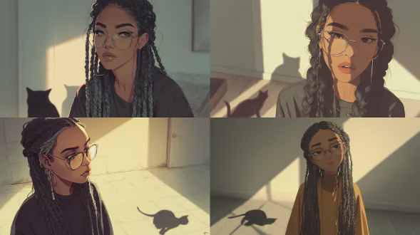 象征性的半写实数字插画，一位温暖焦糖色皮肤、深色长辫子、戴银色矩形眼镜的年轻女子，安静地站在简约房间内，镇定神情，柔和侧光，低饱和度色调，地板上有一个淡入的猫形影子，氛围诗意克制，缺失感，4k高清，细腻渲染，环境光影，情感深度，微妙的悲伤，极简主义。