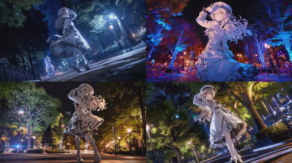 广角镜头拍摄东京夜晚街道，自然风光丰富的公园背景，街灯光晕，全身像女孩回头敬礼，蓬松长发戴贝雷帽，眯眼瞪视长睫毛，白色连衣裙带黑色简约线条图案，搭配外套与褶边，活泼姿势，写实风格，美丽背景，动态模糊，霓虹色调，电影灯光，低角度，生动情绪，戏剧性构图，高细节。