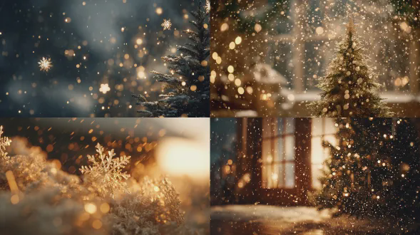 雪花缓缓融化，变成明亮的金色光芒，升起并成为圣诞树顶上闪耀的星星。温暖的光芒充满整个场景，柔焦，电影般的闪耀，情感化的结局，4k。