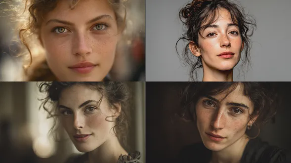 二十出头的法国女子肖像，具备精致莫斯风格特征，高挺突出的颧骨，杏仁状深陷且略带下垂眼睑的眼睛，细长拱形的眉毛，小巧笔直的鼻子，轮廓分明有丘比特弓形状的饱满嘴唇，心形脸搭配尖下巴，纤细优雅的骨骼结构，尽显 effortless 的巴黎美人韵味，蓬乱自然且有片状纹理的头发，极简妆容凸显自然特质，带有淡淡的雀斑和可见皮肤纹理等细微瑕疵，柔和漫射的自然光线， candid 编辑风格，自信又放松的神情，欧洲模特美学，保留原始未修图的皮肤质感，用中画幅相机拍摄，浅景深，中等至深色的榛果色头发，温暖的榛果色眼睛，带有微妙日晒暖调的白皙肌肤