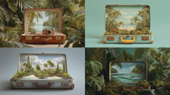 一个打开的旅行行李箱，里面有异国海滩景象，代表旅行和冒险的喜悦。背景是郁郁葱葱的绿色植物，象征自然之美。这个探索的视觉隐喻在观众中创造出一种惊奇感，因为它们通过摄影传达梦想