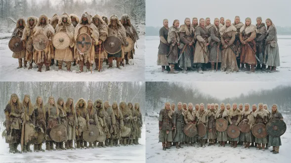 超写实彩色纪实战争摄影，用柯达portra 400胶片拍摄，正面镜头直接面对主体，一大群维京女战士在雪地中静止站立，仿佛为官方战时登记而记录，全身垂直构图，十五名成年斯堪的纳维亚女性不规则排列，中性的战争磨损表情，集体直视镜头，历史准确的羊毛服装，有可见修补的实用皮革盔甲，结霜变硬的毛皮斗篷，自然放置的普通铁斧和圆盾，寒冷空气中微弱的呼吸，她们下方有分层的脚印，柔和的冬季色调，柔和的对比度，细微的颗粒感，具有档案历史文献感，无奇幻元素