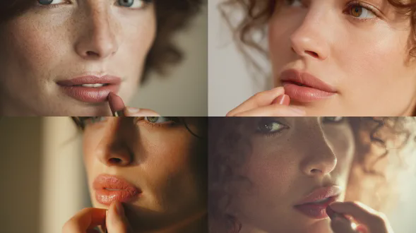 女性涂抹口红，抓拍式构图，柔和自然光，真实面部特征与淡雅妆容，中性背景，浅景深突出细节，高分辨率，美容编辑风格，特写镜头，漫反射光，细腻肤质，柔和暖色调，专注沉静的情绪
