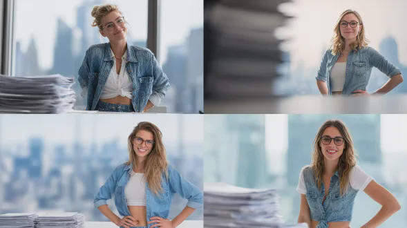 一位28岁的专业女性法规事务总监，身着牛仔短款上衣和白色衬衫，戴着眼镜，双手叉腰，带着调皮会心的微笑，随意倚靠在办公桌边缘，主体置于极右侧，左侧有极大的负空间，前景有模糊的文件档案堆叠，背景是明亮的城市天际线，环境肖像，瑞士企业美学风格，高调照明，真实的面部特征，自然的皮肤纹理，淡妆，非模特，睿智且经验丰富的表情，广角镜头，浅景深，商业摄影，干净构图，冷色调。