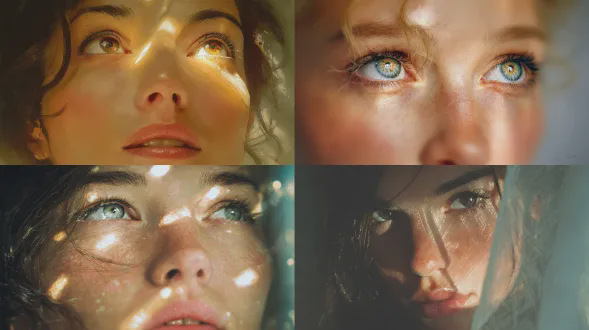 特写肖像，美丽的女性，眼中闪烁希望之光，当代绘画风格，简洁流畅的线条，柔和雅致的色彩，戏剧性的光影效果，高清晰度，柔焦镜头，伦勃朗光，宁静而充满力量的情感，极简主义背景。