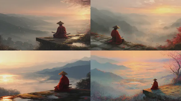 一幅宁静的清晨景象，展现一位孤独的武士静静坐在山边，面朝日出时雾气弥漫的广阔山谷。他沉稳地坐在风化的石台上，姿态放松却庄重，双手轻放在武士刀旁。武士戴着传统稻草斗笠，鲜艳的红色长袍与柔和的柔和风景形成美妙对比。其下方，清晨薄雾飘过起伏山丘与开花树木，随太阳升起渐显层次。柔和金色阳光倾洒山谷，照亮悬崖下静水池，锦鲤在水下缓缓游动，动作缓慢宁静。樱花花瓣与轻花粉随风飘动，山间微风轻拂。天空呈桃色、淡蓝色与柔和金色，远处山峦融入大气朦胧中。氛围宁静神圣，是世界之上的一刻静谧。具电影感却构图简洁，柔和漫射光线，优雅色彩和谐，具日式美学，属绘画现实主义，有宁静清晨能量与永恒宁静