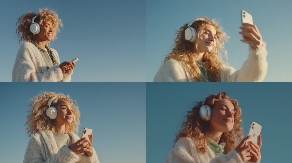 一幅逼真的户外生活照片，展现一位20多岁的白人女性，有着蓬松卷曲的金色头发，双手拿着iphone 16微笑，戴着优质的银色头戴式苹果风格耳机（类似airpods max），背景是湛蓝清澈的天空，穿着分层的白色毛衣和淡绿色衬衫，温暖的日光下，有柔和的阴影，自然的 candid 表情，低角度中景拍摄，皮肤和头发极其逼真，纹理清晰，高动态范围，呈现优质的苹果广告美学，智能手机边缘细节清晰，反射准确，有拉丝金属质感，逼真的相机镜头，简约干净的工业设计，优质的消费科技品牌美学，温暖的色彩分级，晴朗的户外色调，自然的蓝天对比