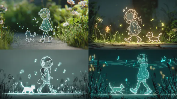 一个小女孩沿着路走，戴着耳机听音乐，脸上洋溢着幸福的微笑，一只可爱的猫跟在她身后。背景是模糊的绿色植物和花朵。女孩用粗白线绘制，线条柔和得像霓虹灯一样发光。以儿童简笔画风格呈现，发光的轮廓漂浮在画面上方。发光的草随着她的步伐同步移动，微小的萤火虫在她周围盘旋。简约的线条、白线、粗线，角色周围有更亮的发光轮廓。音符漂浮在她头顶，为整个场景增添艺术感。她的整个身体以简约风格描绘，给人温暖的感觉