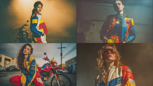 女性时尚模特，铃木与机械神合作启发的街头赛车风格，20世纪80年代摩托车手时尚再诠释，高级时尚摩托车套装，复古赛车皮夹克与皮裤，大胆的色彩块，红色、蓝色、黄色与中性磨损色调混合，定制补丁与缝线，强烈却轻松的态度，车库文化能量，edr工作室环境，工业质感背景，烟雾与电影般的朦胧感，强烈定向照明，高对比度时尚大片风格，时尚广告摄影，富士胶片风格，超高质量，35毫米胶片美学，微妙的电影颗粒，浓郁饱和色彩，无文字，无可读标志