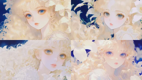 动漫风格的半写实插画，高质量，高清，精细的面部细节，人物面部特写，强烈关注面部特征，以柔和的粉彩色调为主的苍白美学配色方案，20岁出头的女性，拥有精致细腻五官的女性，高加索人，白皙的皮肤，深蓝色眼睛，浅金色头发和金色睫毛，浅金色头发，非常卷曲蓬松的头发，刘海，极长的头发，优雅的侧发。穿着露肩珍珠白披肩。背景柔和模糊：浅色百合花瓣漂浮和重叠，以柔和的象牙色和乳白色调呈现，背景为深沉的柔和蓝色。