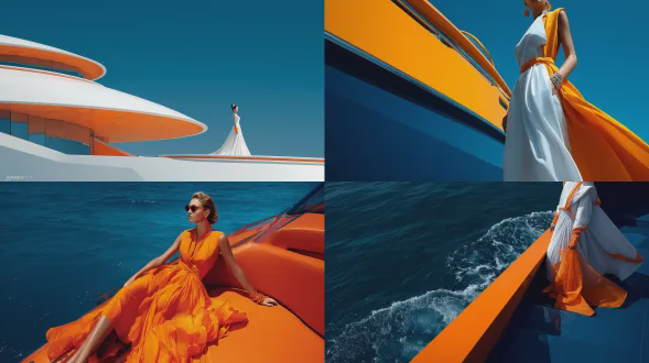 超奢华男装杂志时尚拍摄：一艘极简奢华游艇，船体为橙蓝配色（深海群青，十六进制#1f3c88，rgb 31,60,136，参考群青颜料），线条简洁锐利，具男性化设计。一位女性人物身着建筑风高级定制礼服：主要面料为纯白丝绸缎，可见明亮暖橙色橘子衬里（#ff9500，鲜亮多汁），随动作展露，面料飘逸，身形高挑、结构分明，尽显克制优雅。珠宝：建筑风格耳环和手链，采用可见明亮暖橙色漆饰面（鲜亮暖橙色橘子#ff9500，鲜亮多汁），无金、无银、无宝石。环境细节：深海群青游艇的表面和细节必须可见（深海群青，十六进制#1f3c88，rgb 31,60,136）。严格色彩限制：仅允许纯白、深海群青（十六进制#1f3c88，rgb 31,60,136）和明亮暖橙色（橘子#ff9500，鲜亮多汁）。无奶油色、米色、金色、黑色或除明亮暖橙色外的暖色调。任何色彩偏差禁止。理想人体解剖：手部和手指精准，腿部和脚趾完美，面部对称清晰，神情沉稳主导。布光：高时尚电影布光，锐利清晰，奢华光泽，无颗粒、无噪点、无模糊。