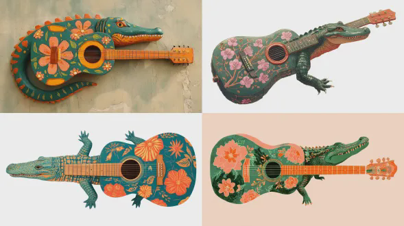 超现实民间艺术混搭，鳄鱼身体形状像原声吉他，带有樱花音孔装饰，两种颜色橙色和猎人绿，粗体插画风格，南方奇异美学，大胆且标志性