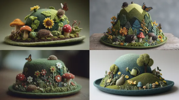 a cozy handcrafted 3d wool-felted gardener’s floppy hat, …the brim forms a flower garden and the crown rises as a small hill, filled with hedgehogs and butterflies, engaged in watering plants and exploring