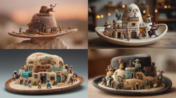 a cozy handcrafted 3d wool-felted steampunk sombrero, … becomes desert hills and the brim forms a tiny village, filled with miniature villagers, engaged in dancing and playing music…