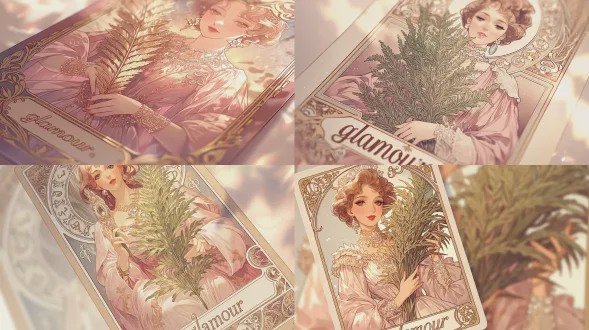 一位美丽女子身着华丽新艺术风格礼服手持大型蕨类植物，粉彩色调与金色点缀，塔罗牌设计带有“glamour”字样，装饰性边框，肖像构图，柔和漫射光，优雅宁静表情，阿尔丰斯·穆夏风格，淡彩平版印刷效果，细腻线条，象征主义，柔焦，浅景深，50mm镜头，特写镜头，宁静情感。