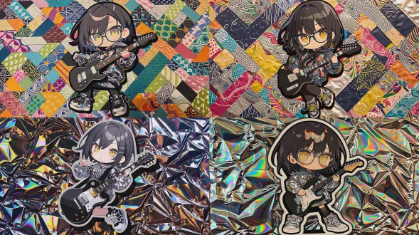 照片写实。铝箔背景。铝箔。可爱姿势。荧光色。黑长发女孩弹奏黑色电吉他，萌袖。动态姿势。超精密 zentangle 图案的彩色背景。穿着高帮运动鞋的站姿。精确的身体。q版动画风格。全身描绘的女孩。千花玻璃般的眼睛。她穿着装饰性的服装。微距摄影。鲜艳的颜色。白色短波波头配黄色眼睛的女孩。黑色粗轮廓线。连帽衫。千花玻璃图案。