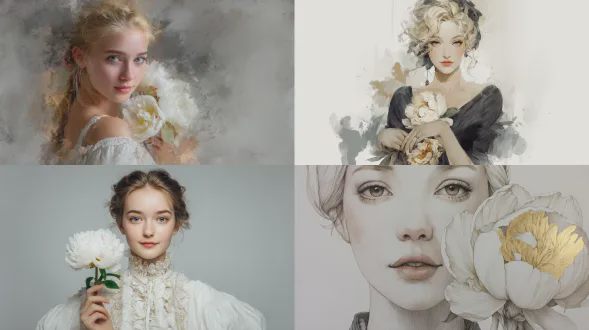 一位美丽的金发女孩身着优雅复古服装手持牡丹花，白色背景，柔和的灰白、棕色、黑色与金色调，逼真水彩插画风格，特写镜头，正面肖像，柔和散射光，宁静微笑，典雅气质，细腻笔触，浅景深，艺术质感，柔和色调，