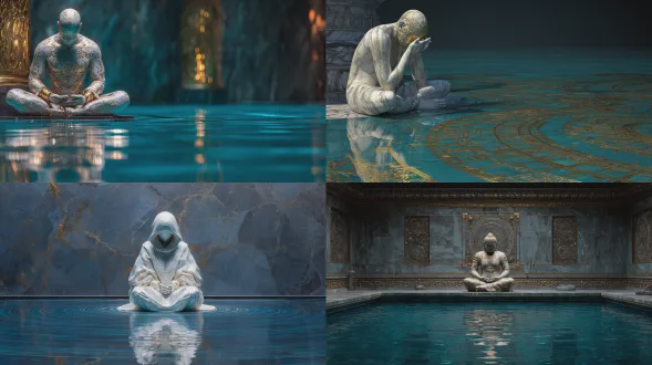 蒙面人物冥想于发光蔚蓝色水池边，象征性雕刻场景，涟漪构成神圣几何图案，金色尘埃悬浮，深色大理石背景，高细节雕刻美学，全身雕像，宁静姿态，柔和水面倒影，冷色调为主，金色点缀，环境光与水池辉光，神圣静谧氛围，大理石纹理，超现实摄影，细节特写，浅景深，工作室灯光，3d渲染风格，极致细节，