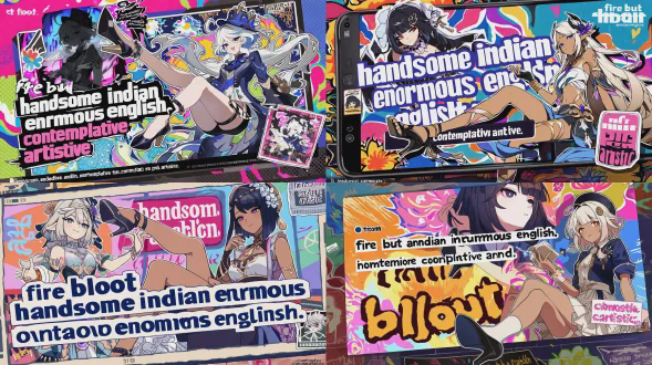 中国原神手游的游戏界面以动漫风格的白发女孩角色为特色，她抬起脚，穿着高跟鞋。背景色彩鲜艳，充满活力，涂鸦艺术上写着“not fire but bloom”。屏幕顶部还有另一个黑色女性人物。前面有文字写着“handsome indian enormous english”，下面写着“contemplative and artistic”，全部用粗体的日文字母书写。在一侧，还有一个带有粉色字母和韩文单词的贴纸。