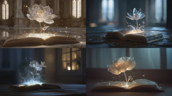 一本打开的古老书籍放置在黑暗、安静房间的木制桌子上。书籍本身从书页中散发出柔和的光芒，用平静、古老的光线照亮周围的空间。从发光书页的中心，一朵完全由玻璃制成的花朵绽放，并成为场景中清晰的焦点。其透明、水晶般的花瓣捕捉并折射书籍的光芒和月光，产生精致的高光和内部反射。在花朵的底部，一个圆形维度传送门在书页内打开。传送门微妙地发光，暗示着深度和超越的另一个维度，花朵的玻璃茎从中伸出。细小的光粒子轻轻地漂浮在书籍和花朵周围的空气中，像被照亮的灰尘一样缓慢漂浮。在花朵附近，存在着一个带有简单翅膀的小天使。天使显得安静而静止，被书籍和花朵的光芒柔和地照亮。它的存在是温柔和象征性的，而不是主导性的，仿佛在守护着这个场景，而不是在其中行动。柔和的月光从附近的窗户射入，与书籍的光芒相得益彰。周围的房间保持着柔和和阴影，强调了发光元素。平静、沉思的氛围，古老而神秘的情调，玻璃花作为主要主题，天使作为微妙的次要存在，克制的幻想，永恒和象征性的感觉。