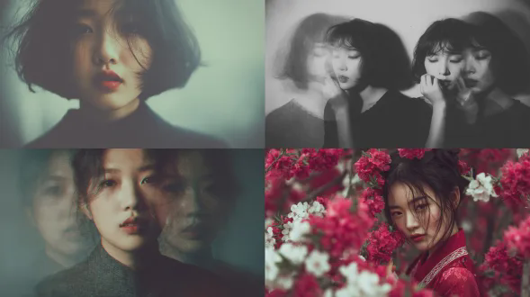 中国式梦幻氛围肖像摄影，特写半身，一种温柔而知性的东方美人在中国式肖像摄影中，具有禅意的视觉艺术摄影。有多次曝光、显示空间和梦境的表达。恶魔、噩梦和混乱的梦境等汉字构成了一种极简主义的肖像和怪诞，而东方抽象极简主义则表达了丰富的形式层次。包括文字与空间的结合、模糊效果（光圈、拖动、运动模糊），这是一种朦胧而模糊的梦境。用高纯度的颜色、对比色和黑白来表达梦想，在梦中创造梦想。反映人物的情感，以及光影艺术（复杂的光影，人物被光影包围）和朦胧的梦境