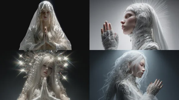 全身像，超写实，真人拍摄，非常年轻的女性，银色长发垂到腰，凌乱长发，头纱，点缀满钻石水晶和亮片的白色修女服，纯白雪纺纱手套，十字架，悬浮光环，合十手势，高对比光影，留白，折射光效。顶级造型艺术，超写实细腻画质，白色美学场景，酸性金属风。大师肖像杰作，极富创意的艺术构图。商业大片，造型概念图，朦胧梦核美学，顶级画面光效顶级渲染。深邃神密。她的身体散发出圣洁的辉光，如同扇形线状耀阳。镭射炫彩光环，宗教隐喻。极繁主义，极致细节，超精细，超高质感，8k分辨率，高对比度，高饱和度，动态姿势，充满张力的镜头，视觉冲击力，夺目的视觉效果，震撼画面，缠绕感，强烈张力，杰作，最佳品质，虚幻5引擎 ，hdr写实质感 ，ue5+octane 渲染，0.618黄金比例的身材曲线，8k分辨率，电影感，非对称式构图，细节清晰详尽，运用弥散光和轮廓光特写，高曝，过曝，暗调，伦勃朗光，强烈明暗对比，高反差，颓废，肌理质感，情绪氛围感拉满，慢快门，朦胧美学，层次感，摆出完美的形体造型，完美构图，超现实摄影效果