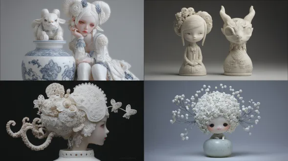 clairy laurence，可爱，优雅，唯美，繁复华丽的头饰，白鬼古风女妖，宁静，坐在一个花瓶上，中式怪诞，妖怪，陶瓷雕塑，奇特，独特，纯真，高级，灵动，艺术，极其精致，没有尾巴，极简的背景