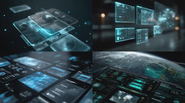 realistic holographic technology interface with multiple transparent panels floating in space, overlapping ui planes, soft cyan glow, layered depth, subtle reflections, clean sci-fi realism, information appearing weightless and fluid