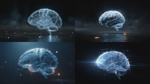 由柔和蓝光和几何图案构成的发光人脑的逼真抽象可视化，漂浮的数据线和符号环绕着它，深色背景，微妙的光晕照明，人工智能和人类思想的诗意表达