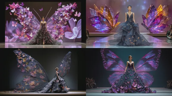 电影感十足的高级时装秀场景，一位优雅的少女缓缓走向镜头，身穿一件前卫的高级定制礼服，礼服上真正装饰着真实的蝴蝶和精致的兰花、银莲花，半透明的花瓣层叠在多层面料上。蝴蝶似乎是活的，轻轻地扇动翅膀，然后又落回礼服上，创造出一个活生生的、会呼吸的雕塑。在她身后，巨大的蝴蝶翅膀闪烁着半透明、流动和发光的虹彩反射，像彩色玻璃或薄水膜一样捕捉光线。礼服及其装饰元素由深石墨色调的面料制成，具有微妙的阴影变化，以及由丰富的纹理。