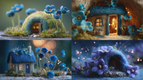 风铃草造型小屋的宏观视角，长春花与靛蓝羊毛纤维，纯手工针毡微缩作品，可见毛茸茸的质感，有机柔软的形态， nestled于一棵古老的空心原木之中，月光洒落，闪烁着夜光纱线点缀，电影般柔焦效果，纺织艺术美学