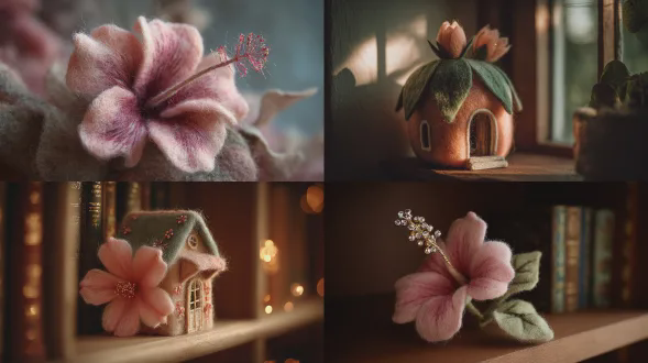 一朵木槿花形状小屋的宏观视角，采用尘粉玫瑰与鼠尾草色羊毛纤维，手工针毡微缩作品，可见毛茸茸的质感，有机柔和的形态，静置于铺有天鹅绒内衬的搁架上，侧光营造出戏剧性效果，点缀着亮片花瓣细节，电影般柔焦处理