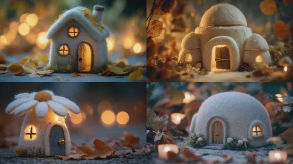 一幅雏菊形状小屋的宏观视角，柔软的白色羊毛纤维，纯手工针毡微缩作品，可见毛茸茸的质感，有机柔和的形态， nestled 在干燥的落叶之中，摇曳的烛光，带有黄铜把手的微型毡门，电影般柔焦效果