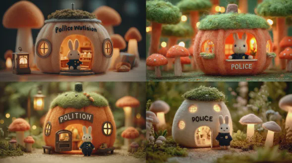 一座造型可爱的3d羊毛毡“警察局”，外形酷似南瓜，配有圆形窗户和长满青苔的屋顶，坐落在一片林间空地上，周围点缀着蘑菇灯笼。局内有一只小兔子警官，触感柔软蓬松的羊毛材质，毛绒纤维略显夸张，灯光温暖而充满奇思妙想，营造出温馨迷人的微缩故事氛围，细节丰富，构图极具电影质感。