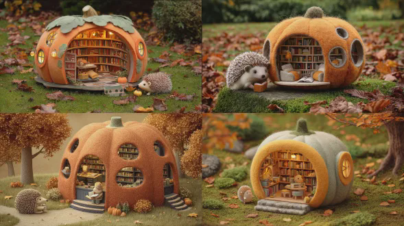 一座造型可爱的3d羊毛毡南瓜书店，透过圆形窗户可看到书架，坐落在铺满落叶的草地上，还有一位刺猬读者