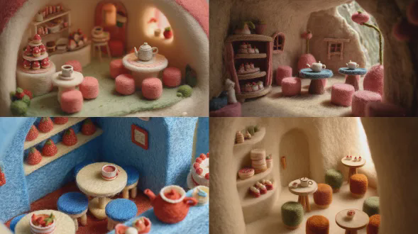 草莓茶室的等距剖面内饰，配有小巧的毛毡茶壶与茶杯、圆形桌椅、架子上摆放着毛毡蛋糕，充满温馨的羊毛毡质感，营造出天马行空的童话书般氛围，光线柔和温暖，采用3d针毡羊毛制作，视角为俯视等距图