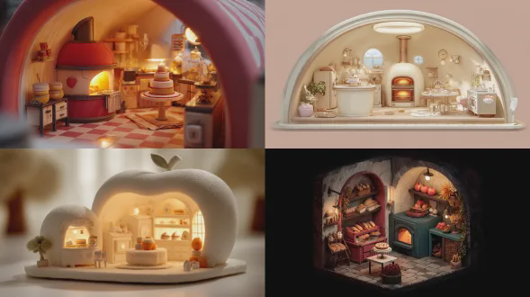 一个苹果形状面包店的等距剖面内饰，配有毛毡材质的糕点架、小巧的桌子、发光的烤箱