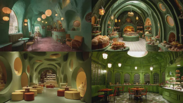卷心菜糕点店的等距剖面内饰，圆形绿色墙壁，毡制蛋糕与塔派，小巧的桌子……柔和的灯笼灯光