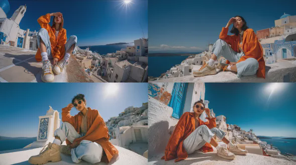 一幅充满活力的低角度、宽视野肖像，展现一位时尚的年轻亚洲女性，拍摄于被传统希腊建筑环绕的海边屋顶。强烈且直射的地中海阳光营造出鲜明对比与深邃阴影。右上方可见的太阳是光源，产生自然镜头光晕与轻微曝光过度，呈现高动态范围效果。她坐在沿海希腊建筑屋顶，周围是粉刷洁白的基克拉迪风格建筑，有光滑灰泥墙、圆形边缘、蓝色装饰与简约几何形。背景中，深蓝色爱琴海在晴朗无云天空下延至地平线，唤起希腊夏日午后氛围。她身着明亮橙色宽松西装、卷边浅蓝色牛仔裤、白色袜子与米白色高帮运动鞋，一条腿抬起另一条自然垂下，右手遮眼避强光。具电影感构图、强烈透视变形、广角镜头质感，阳光大胆、阴影清晰，含地中海色调，属时尚编辑摄影，超细节且逼真，24帧。