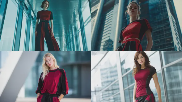 一位23岁的美国白人女性模特穿着运动风套装，包括一件深红色短袖上衣，侧面和袖子有黑色镶板，以及黑色阔腿裤，侧面有深红色镶板。裤子是全长的，盖住双脚，营造出运动风格。她还穿着一双鞋。图像展示了模特从头到脚的全身照，背景是现代建筑的模糊背景。模特以全身正面视角呈现，摆出自然自信的姿势。图像没有使用滤镜，自然明亮的光线营造出高级时尚摄影的氛围