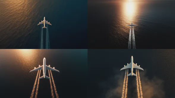 黄金时刻，一架大型现代客机从空中俯视的电影化视角飞过黑暗的海洋。飞机完美地居中于画面，从正上方捕捉，机翼对称，机身光滑洁白。两条长长的白色尾迹延伸在飞机后方，轻柔地融入空气中。下方的海洋表面有细微的波纹，一侧反射着温暖的金色阳光，另一侧是深蓝色的阴影，形成戏剧性的对比。极简主义构图，强烈的尺度感与孤寂感，超写实的光线，高细节，清晰对焦，照片级真实感，8k分辨率，电影色调分级，垂直构图