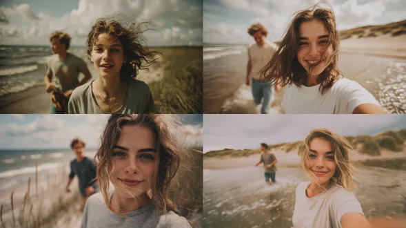 一幅电影质感的写实照片，描绘一对20 多岁的夫妇在波罗的海浅水中赤脚奔跑，有清新的海岸风，天气温和，有轻薄云彩且天空更明亮。背景可见波罗的海海岸线典型的沙丘，自然的沙丘草，略有模糊但清晰可辨。女子在前景，清晰对焦，直视镜头，头发吹过脸庞，穿着简单t恤和牛仔裤，自然微笑，真实放松。男子在她前方稍远处奔跑，从侧面或背面可见，略有模糊。自然日光，柔和对比，营造北欧海岸氛围，有动态运动感，浅景深，35mm镜头，高写实，是抓拍生活方式的摄影，具电影感且氛围温暖