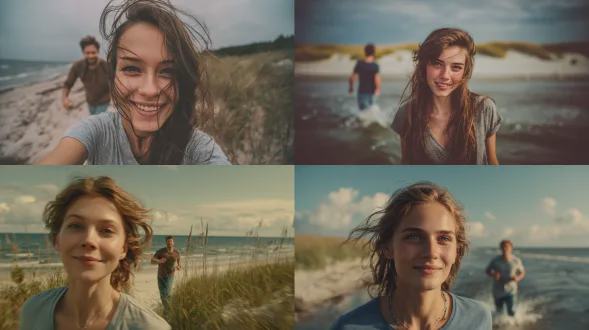 一幅电影质感的写实照片，描绘一对20 多岁的夫妇在波罗的海浅水中赤脚奔跑，有清新的海岸风，天气温和，有轻薄云彩且天空更明亮。背景可见波罗的海海岸线典型的沙丘，自然的沙丘草，略有模糊但清晰可辨。女子在前景，清晰对焦，直视镜头，头发吹过脸庞，穿着简单t恤和牛仔裤，自然微笑，真实放松。男子在她前方稍远处奔跑，从侧面或背面可见，略有模糊。自然日光，柔和对比，营造北欧海岸氛围，有动态运动感，浅景深，35mm镜头，高写实，是抓拍生活方式的摄影，具电影感且氛围温暖