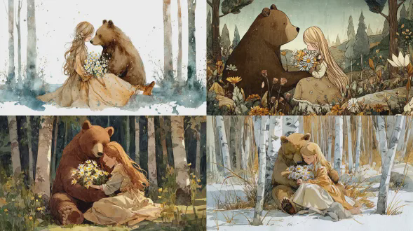 一只棕熊坐在森林中树木间的空地上，拥抱一个有着长长的飘逸金发、穿着带有白色小花的米色连衣裙、手持一束雏菊的女孩，水彩风格