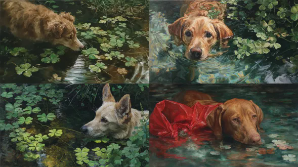 油画，新现实主义，动物，四叶草，狗，池塘里的四叶草，通过膨胀下巴的哭泣袋让母狗开口说话的黄金机会
