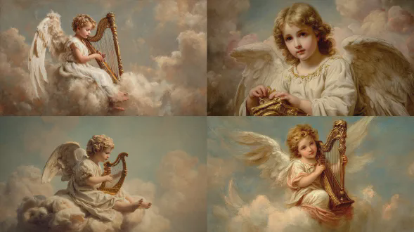 一只长着白色翅膀的小天使，坐在云朵上，轻柔地弹奏着金色的竖琴，背景是柔和的天空，具有古典文艺复兴风格的肖像画，呈现古典油画纹理，采用柔和温暖的色调，展现极其精细的古典写实风格，运用柔和的明暗对比光线，营造出甜美纯真的氛围，是神圣浪漫的艺术作品