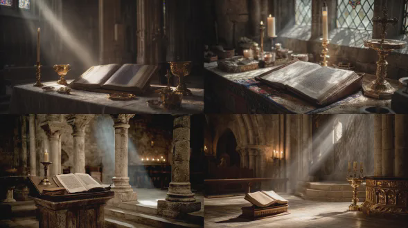 光线落在打开的手稿祭坛上的象征性中世纪场景，无清晰可辨的文字，金色和石头色调，神圣的平静，永恒的虔诚氛围，精美艺术概念摄影，leica m11，50mm镜头