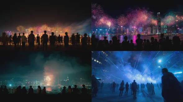 午夜时分的都市新年庆典，城市天际线伴随着烟花，人群在光线下呈现剪影，运动模糊，霓虹倒影，电影般的夜间摄影，索尼 a7r v，24mm 广角镜头，长曝光