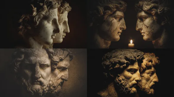 象征性的雅努斯肖像，罗马的开始之神，两张面孔分别看向过去和未来，古典大理石纹理，烛光，深邃的阴影，温暖的金色和石色调，美术摄影，徕卡m11，50mm镜头，低调光照
