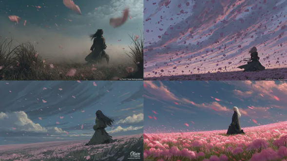 广阔的草地在动态的天空下，强风肆意地吹过大地。无数柔软的粉红色花瓣在空气中散落、旋转，被风卷起，卷曲起来，就像一场戏剧性的花朵风暴。画面右侧，一位长发飘逸的贵族女子孤独的剪影，单膝跪在地上，迎风而行。她穿着一件军装风格的长外套，在狂风中剧烈飘动。该角度是从侧面拍摄的，显示她面朝左，迎着风。她的身份很微妙，就像《凡尔赛玫瑰》中的奥斯卡，但又遥远又具有象征意义。气氛充满情感和电影感，充满张力、美丽和力量。